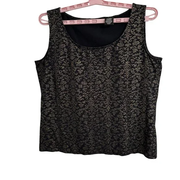 Apostrophe Stretch Tank Top XL Black & Gold Floral Pattern Classic Goth Career - Picture 1 of 8